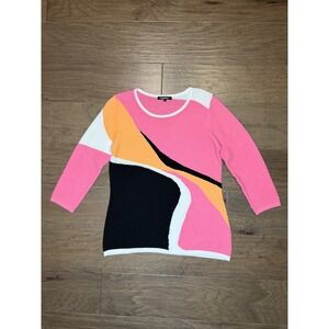 Vintage Cheryl Nash Pink Abstract Colorblock Cotton Ribbed Knit Sweater Womens M